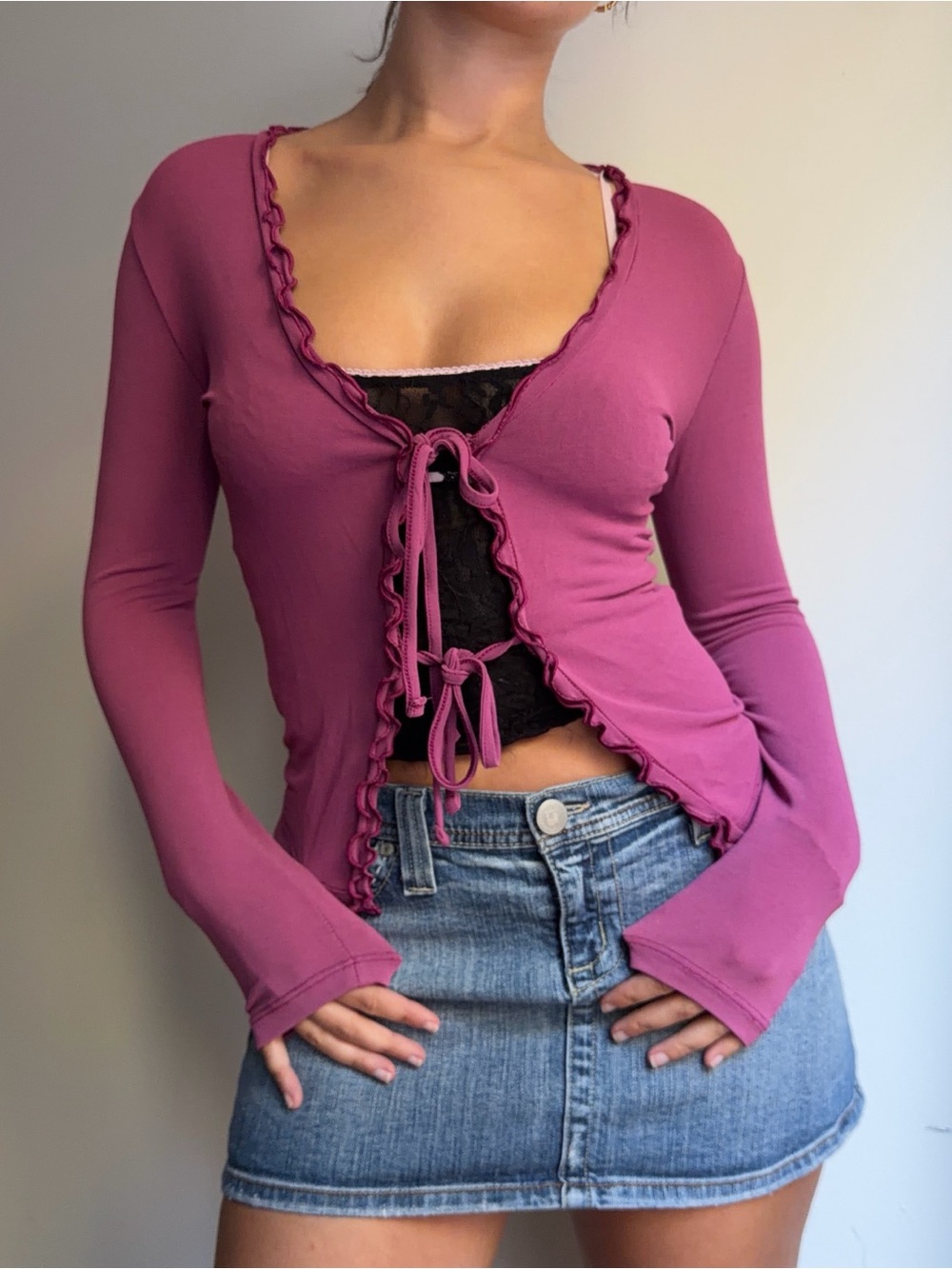 Kookai Magenta Tie-Front Ruffle Long Sleeve Top